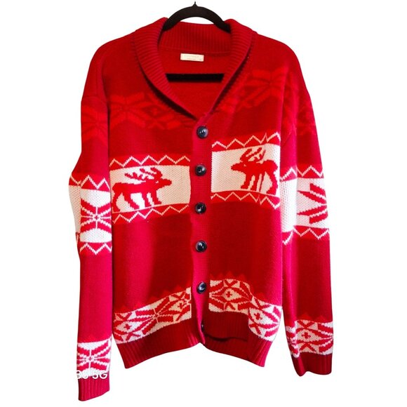 Coofandy Mens Red Reindeer Pattern Cardigan Sweater XL Christmas Ugly Y2K Cabin - Picture 1 of 7